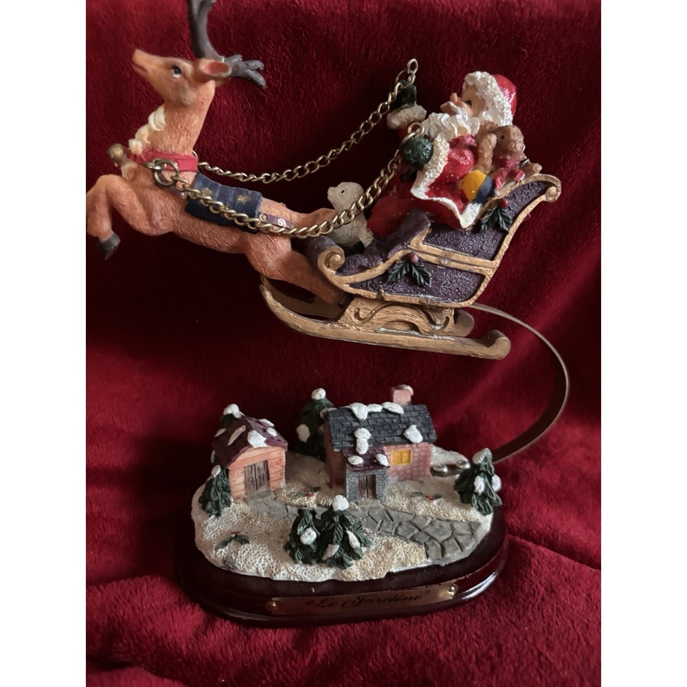 VTG 1990 Le Jardine Santa Reindeer Spring Metal Arm Suspend Sleigh Over Town 7x6